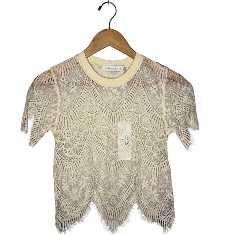 Bishop + Young Sheer Ivory Floral Lace Blouse XS NWT Scalloped Hem Eyelash Trim